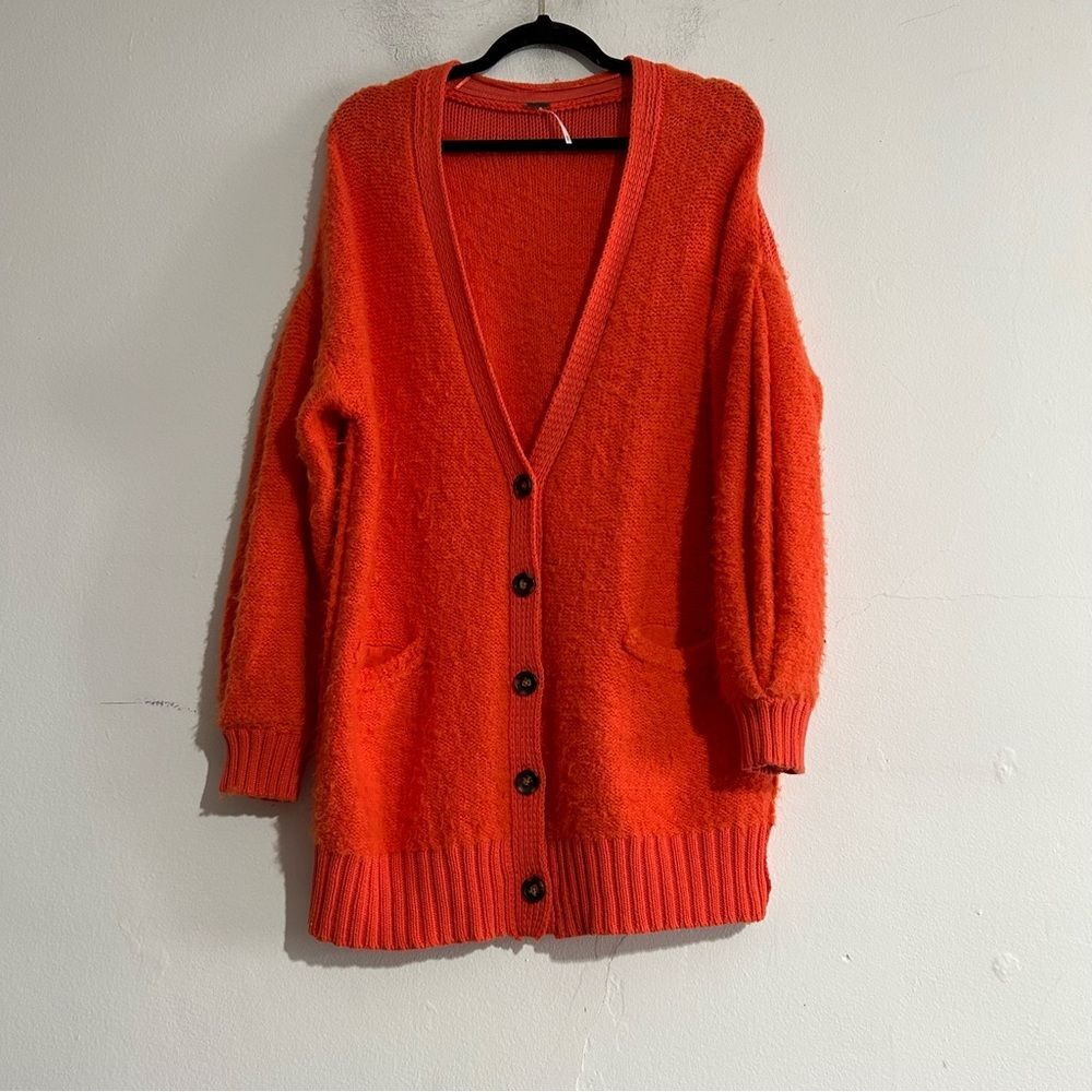 Free People Snow Drop Cardigan in Saturn Orange Oversized Fuzzy Cozy Slouchy XS